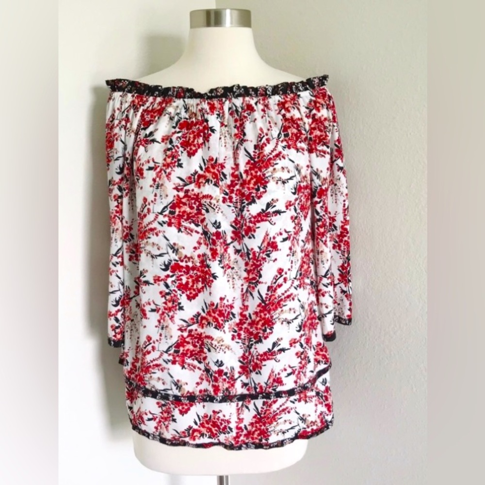 Beautiful Red Floral On/Off Shoulder Stretchy Layered Top With Black Trim